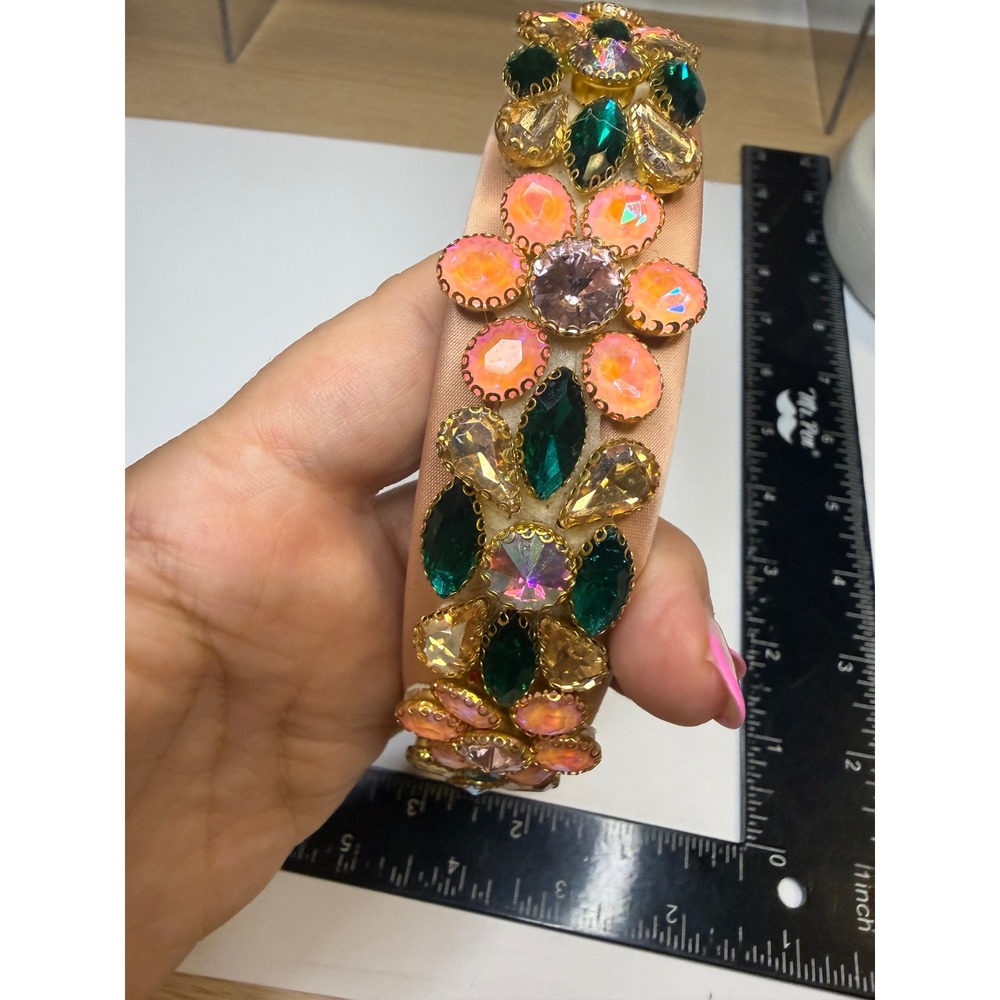 Jeweled Crystal Embellished Padded Headband Pink Green Rhinestone Floral Crown